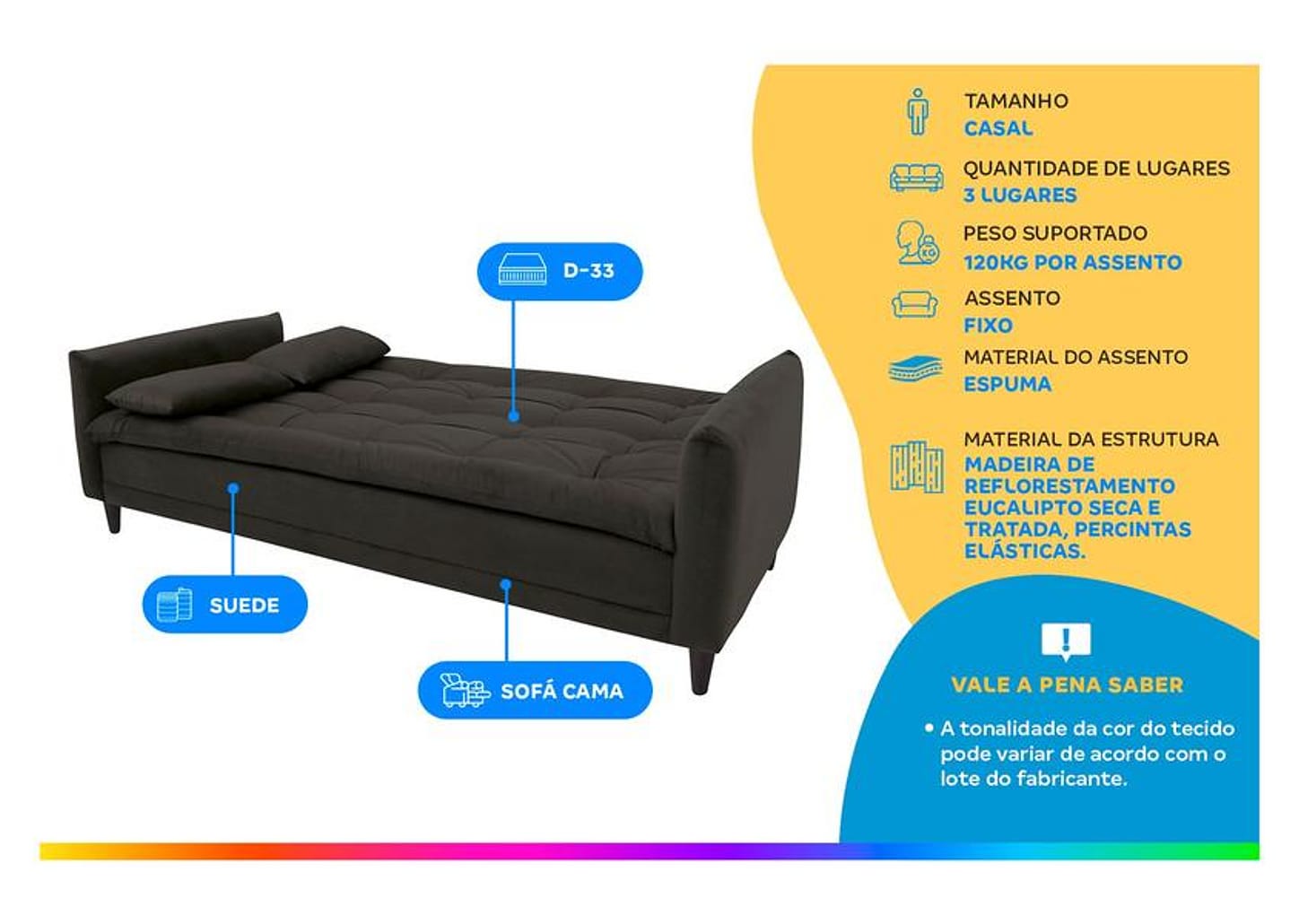 Sofá-cama Casal 3 Lugares Reclinável Suede - Linoforte Estela