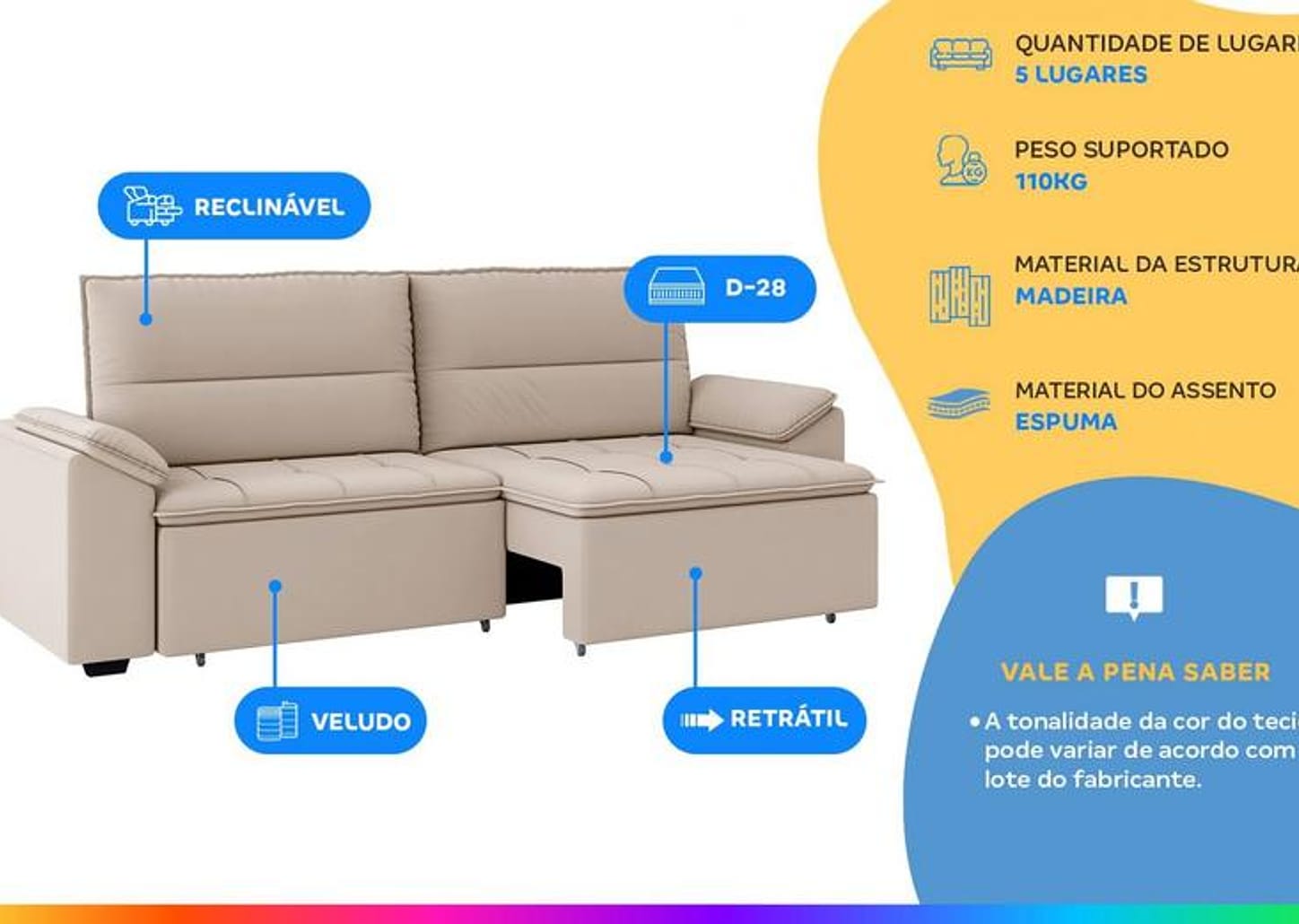 Sofá Retrátil Reclinável 5 Lugares Veludo Panamá Besthouse