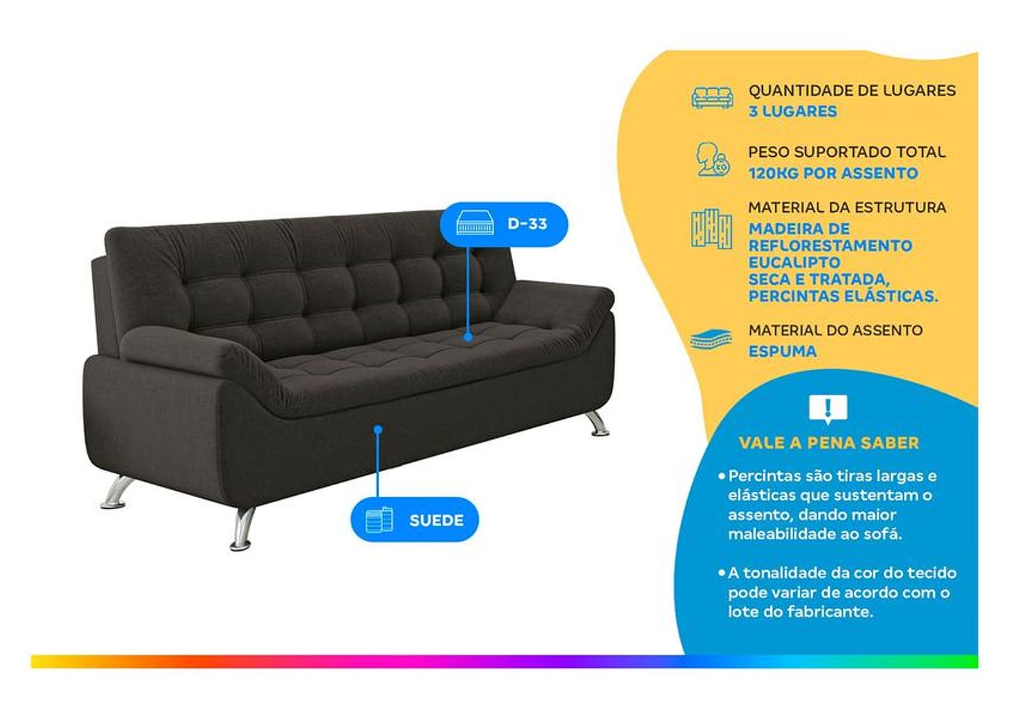 Sofá 3 Lugares Suede Linoforte Durban