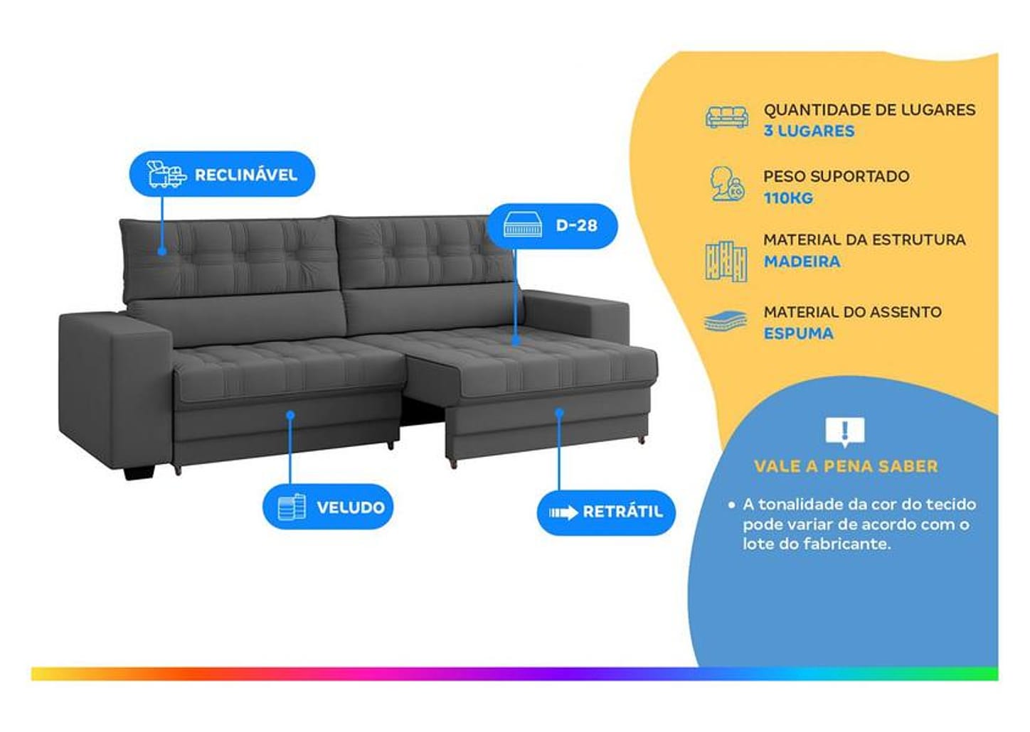 Sofá Retrátil Reclinável 3 Lugares Veludo Omega Besthouse