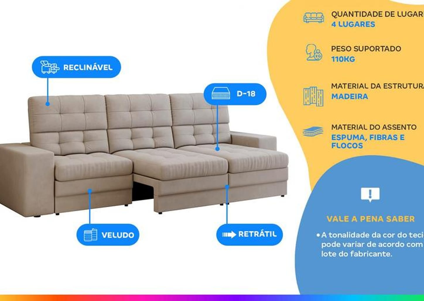 Sofá Retrátil Reclinável 4 Lugares Veludo Roma Besthouse