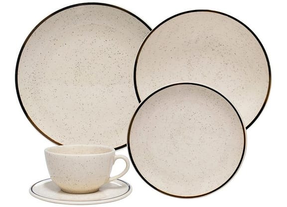 Aparelho de Jantar e Chá 20 Peças Oxford de Cerâmica Bege e Marrom Redondo Unni Brisa