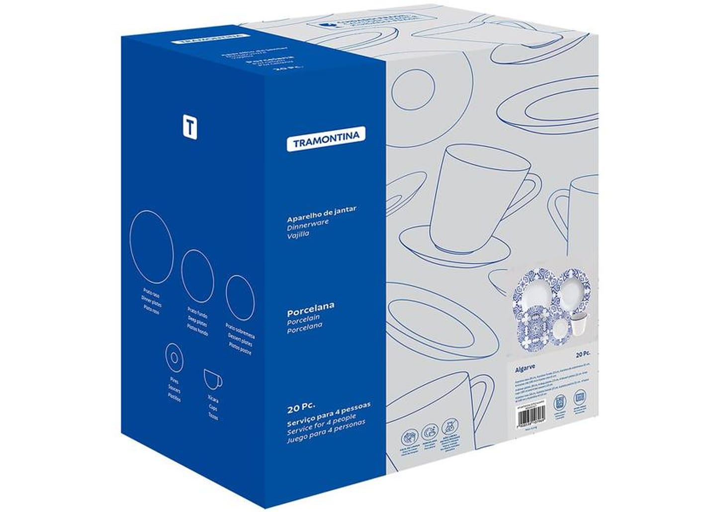 Aparelho de Jantar Sobremesa e Chá 20 Peças Tramontina de Porcelana Azul Redondo Algarve