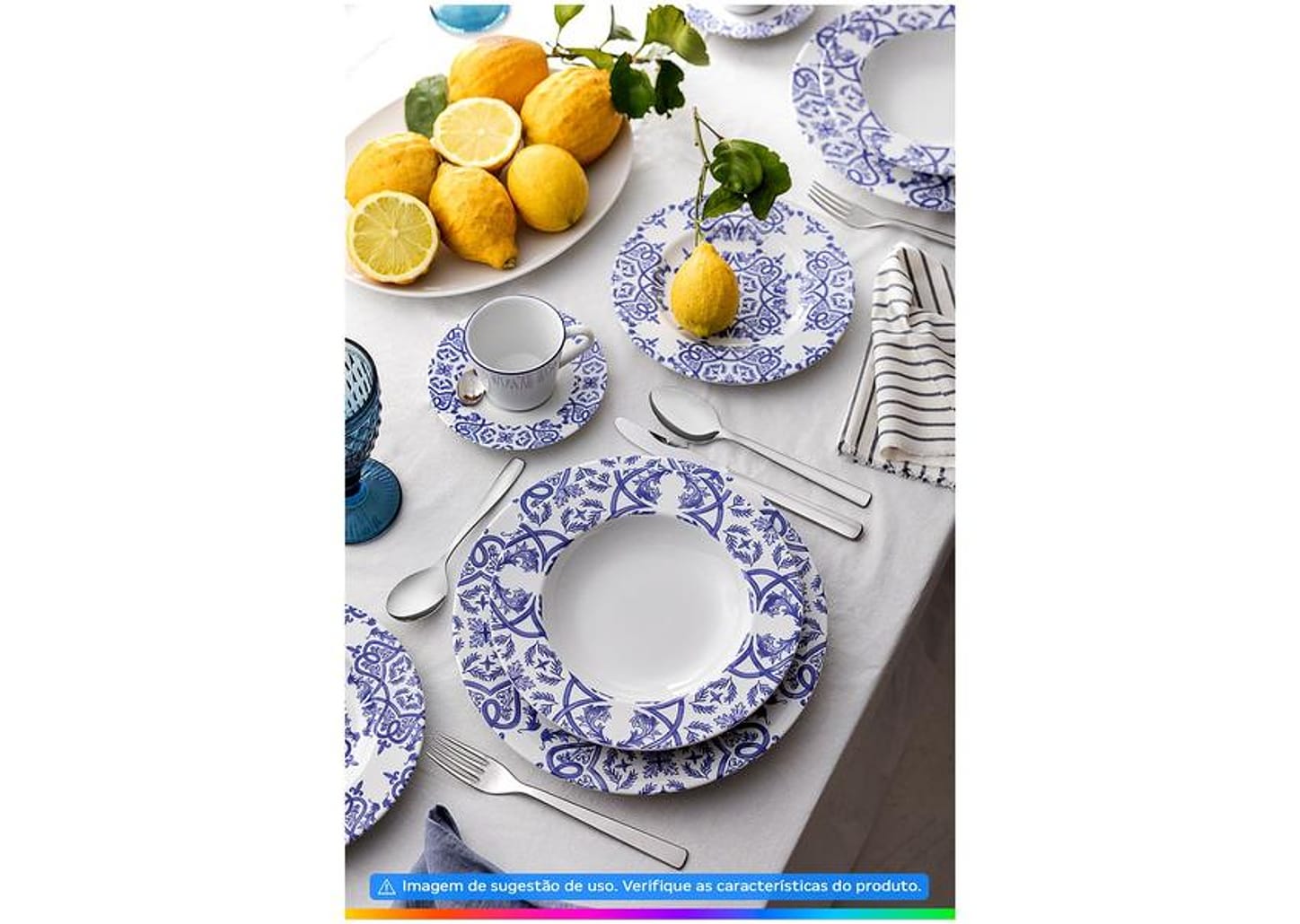 Aparelho de Jantar Sobremesa e Chá 20 Peças Tramontina de Porcelana Azul Redondo Algarve