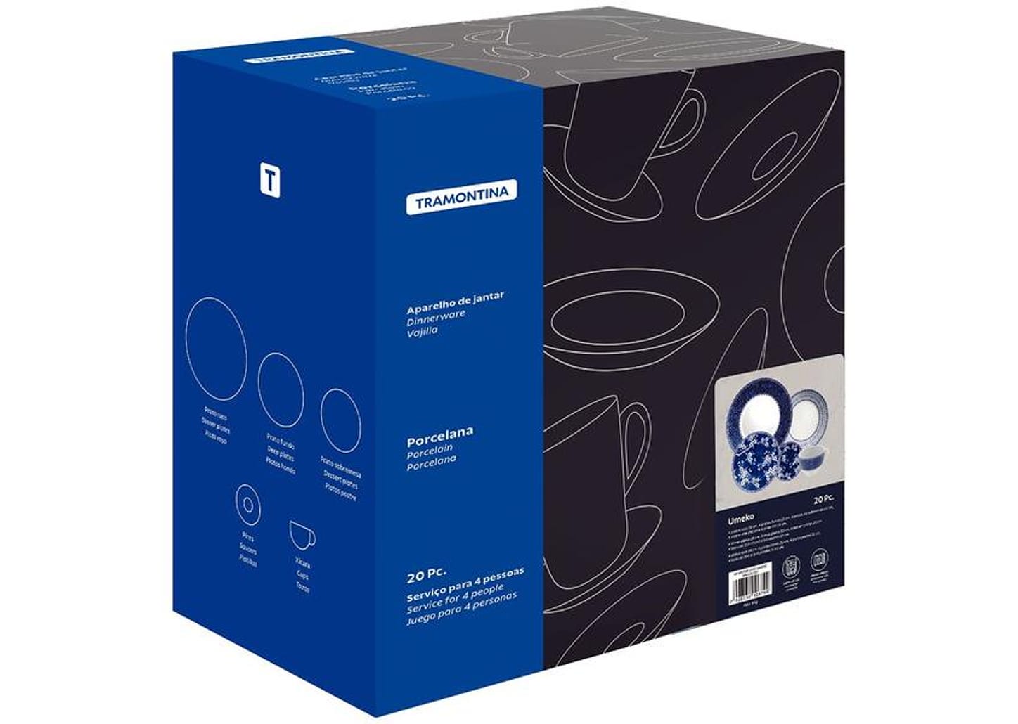 Aparelho de Jantar Sobremesa e Chá 20 Peças Tramontina de Porcelana Azul Redondo Umeko