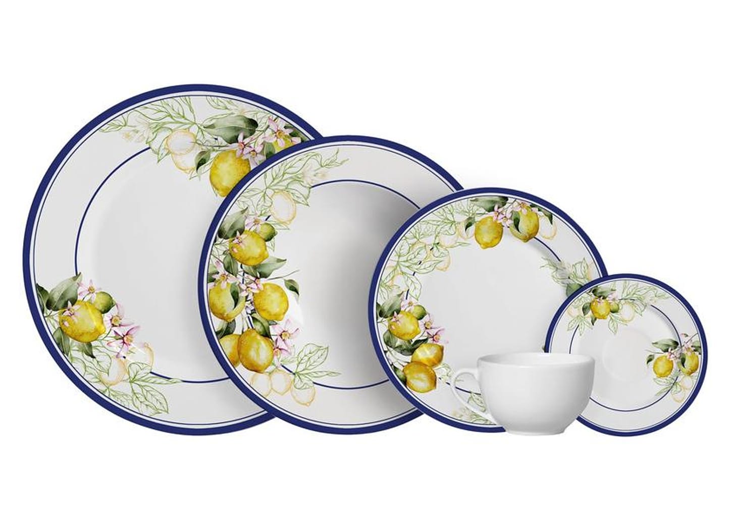 Aparelho de Jantar e Chá 20 Peças Alleanza de Cerâmica Branco e Azul Redondo Sorrento