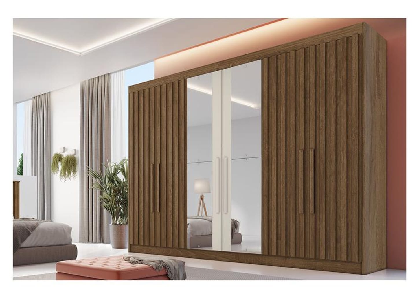 Guarda-roupa Casal com Espelho 6 Portas 6 Gavetas Móveis Europa Ripado Potente