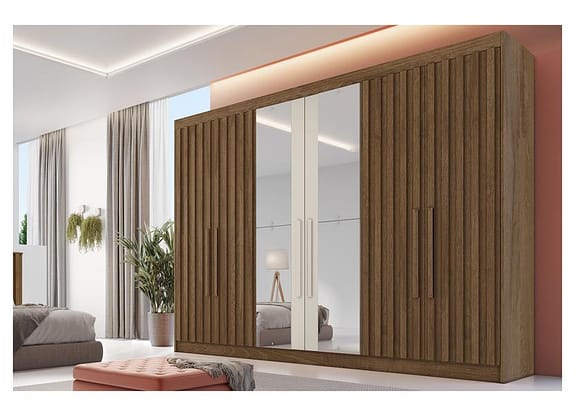 Guarda-roupa Casal com Espelho 6 Portas 6 Gavetas Móveis Europa Ripado Potente