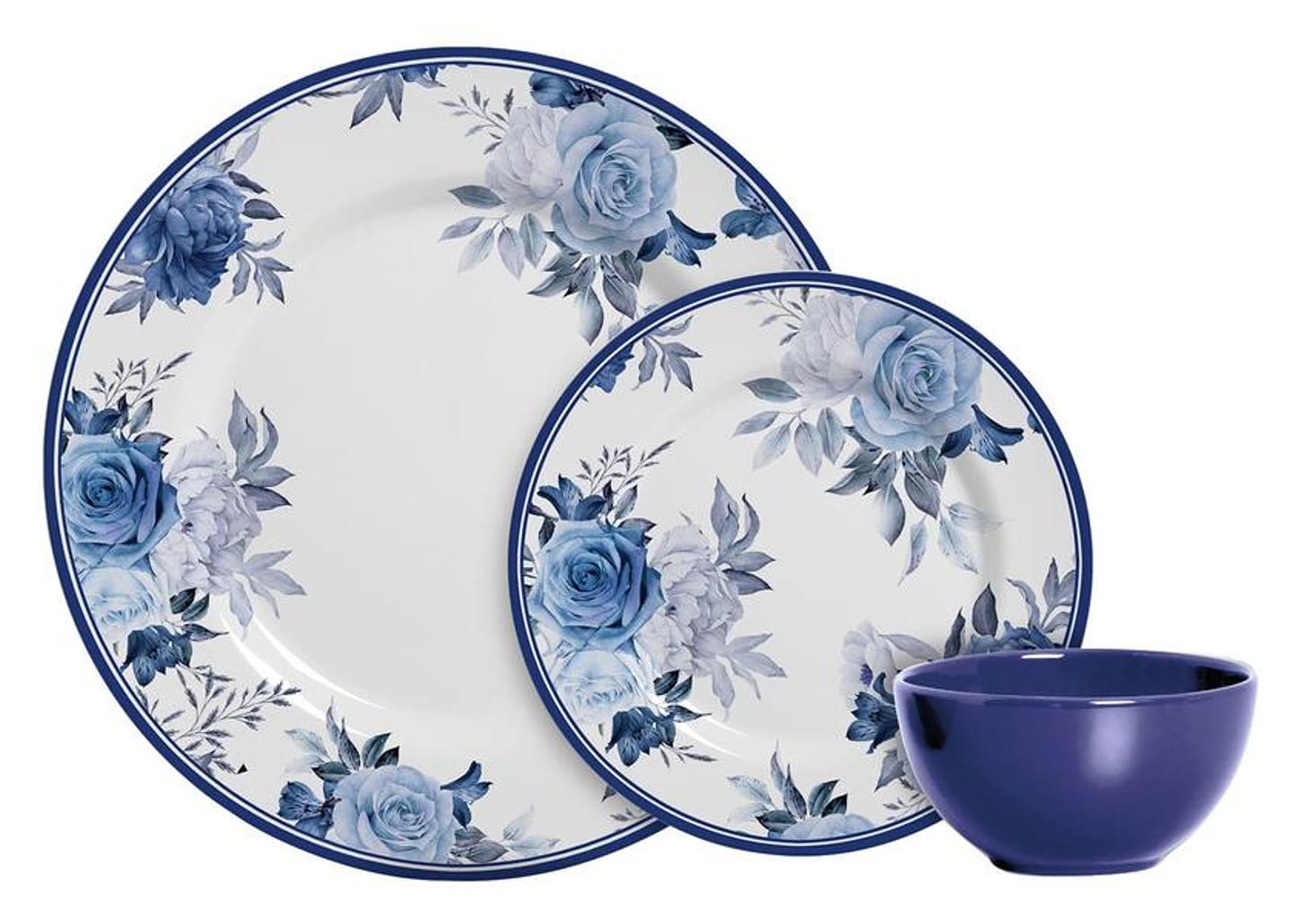 Aparelho de Jantar 12 Peças Alleanza Cerâmica Branco e Azul Redondo Antique