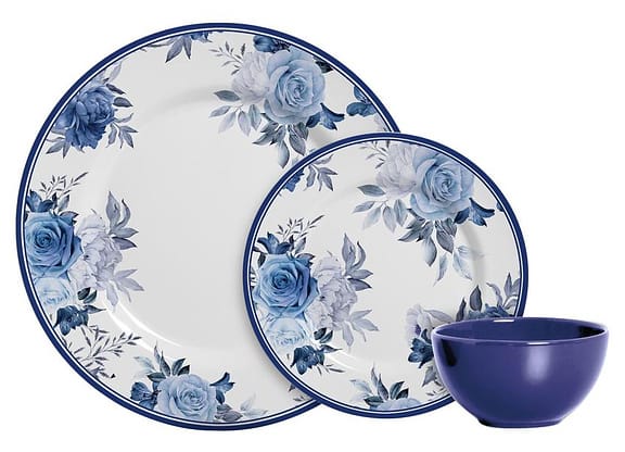 Aparelho de Jantar 12 Peças Alleanza Cerâmica Branco e Azul Redondo Antique
