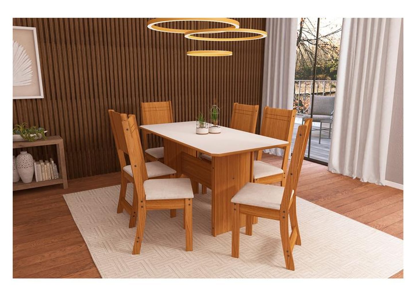 Mesa de Jantar 6 Cadeiras Retangular Freijo e Off White Indekes Cristal