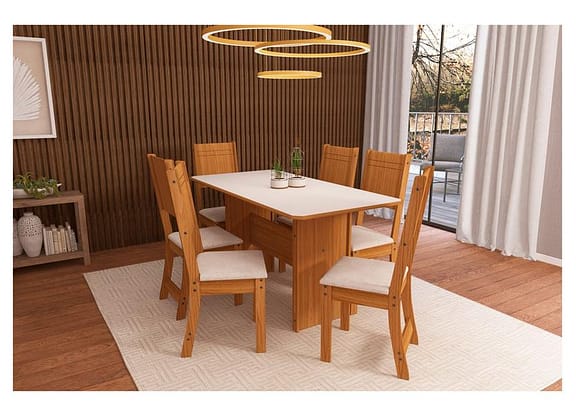 Mesa de Jantar 6 Cadeiras Retangular Freijo e Off White Indekes Cristal