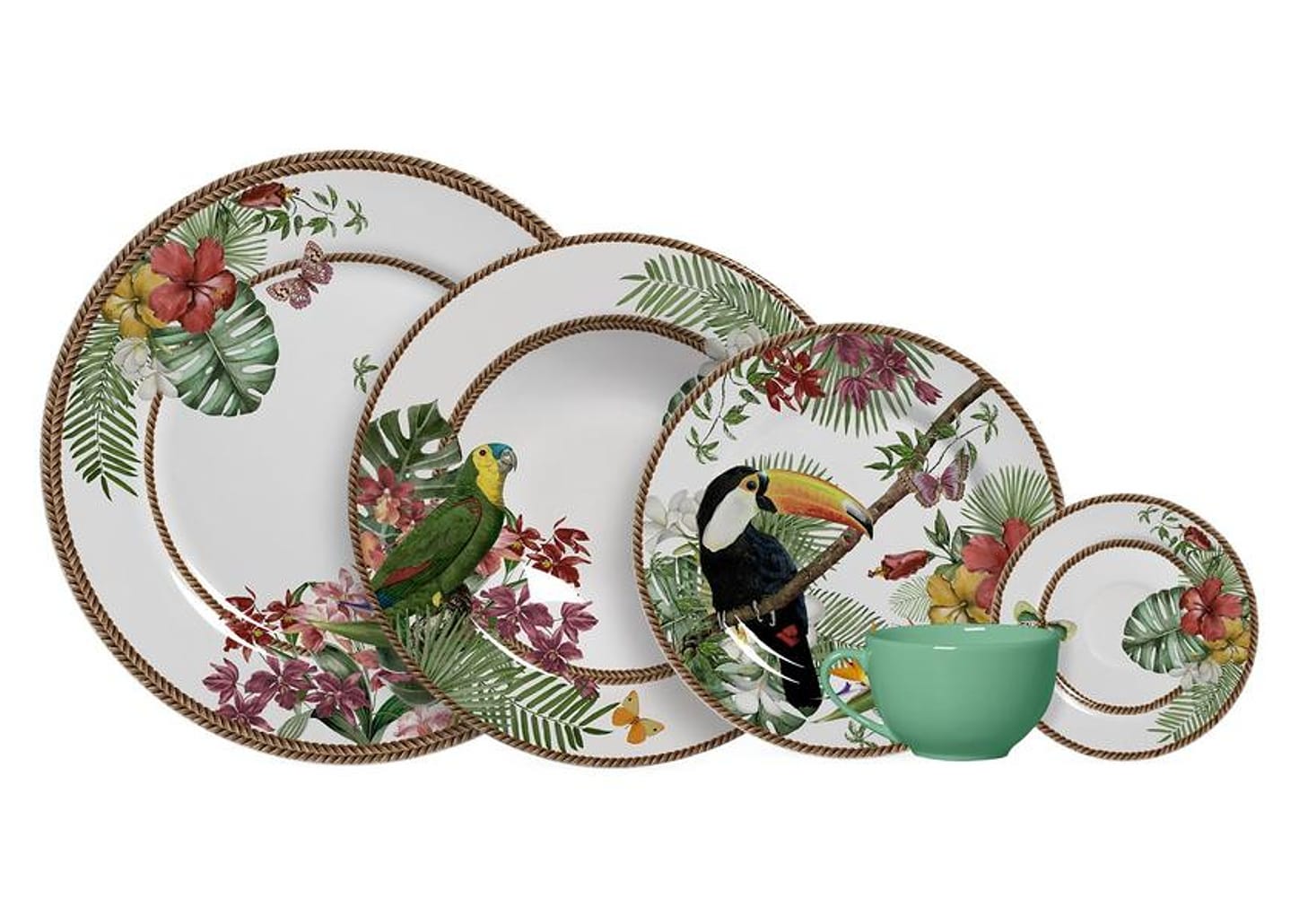 Aparelho de Jantar e Chá 20 Peças Alleanza Cerâmica Branco e Verde Trópicos