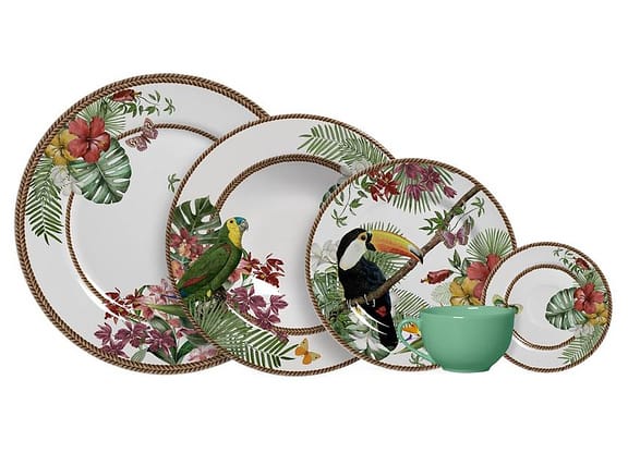 Aparelho de Jantar e Chá 20 Peças Alleanza Cerâmica Branco e Verde Trópicos