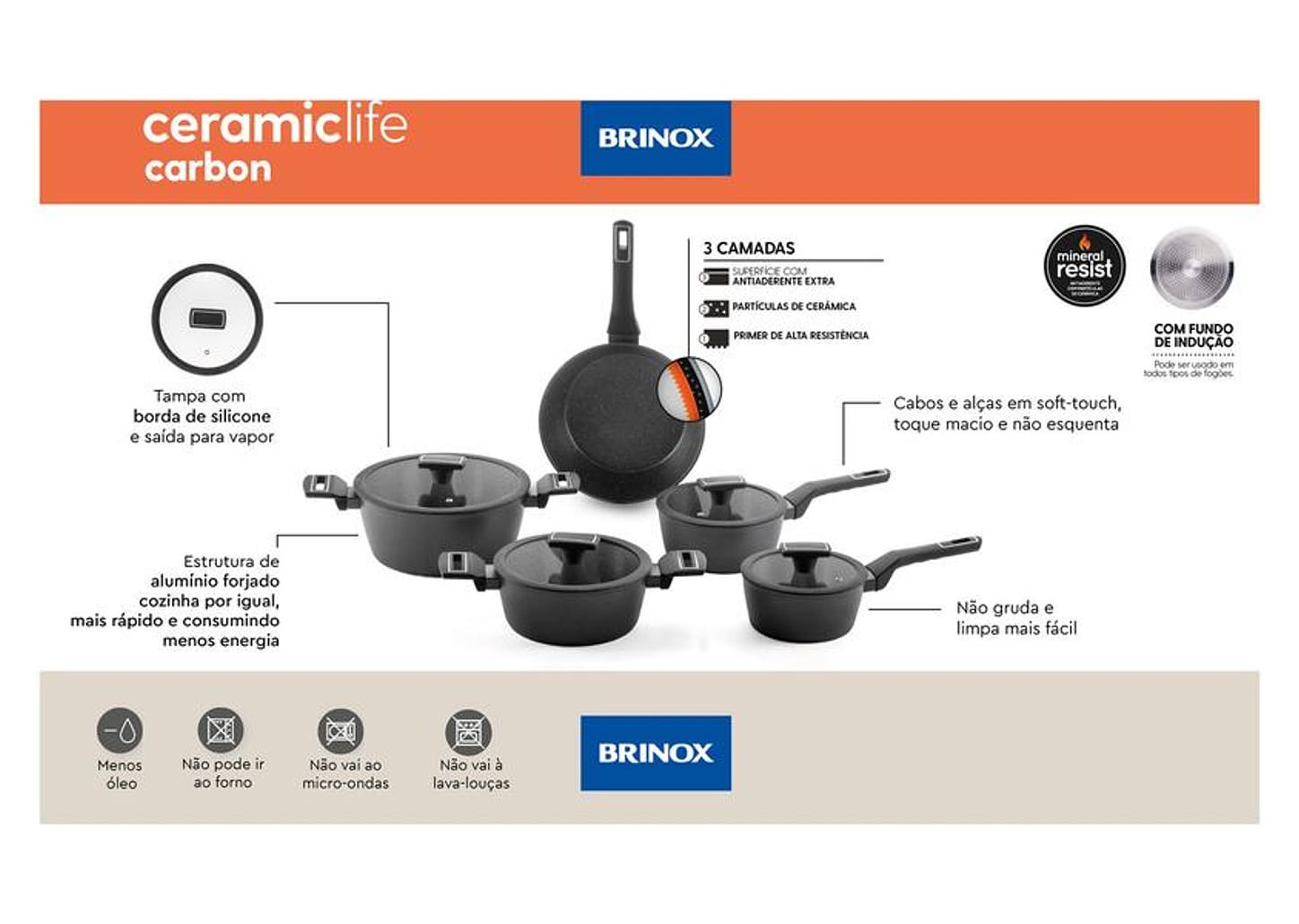 Jogo de Panelas Brinox Revestimento Cerâmico de Alumínio Preto 5 Peças Carbon Ceramic Life
