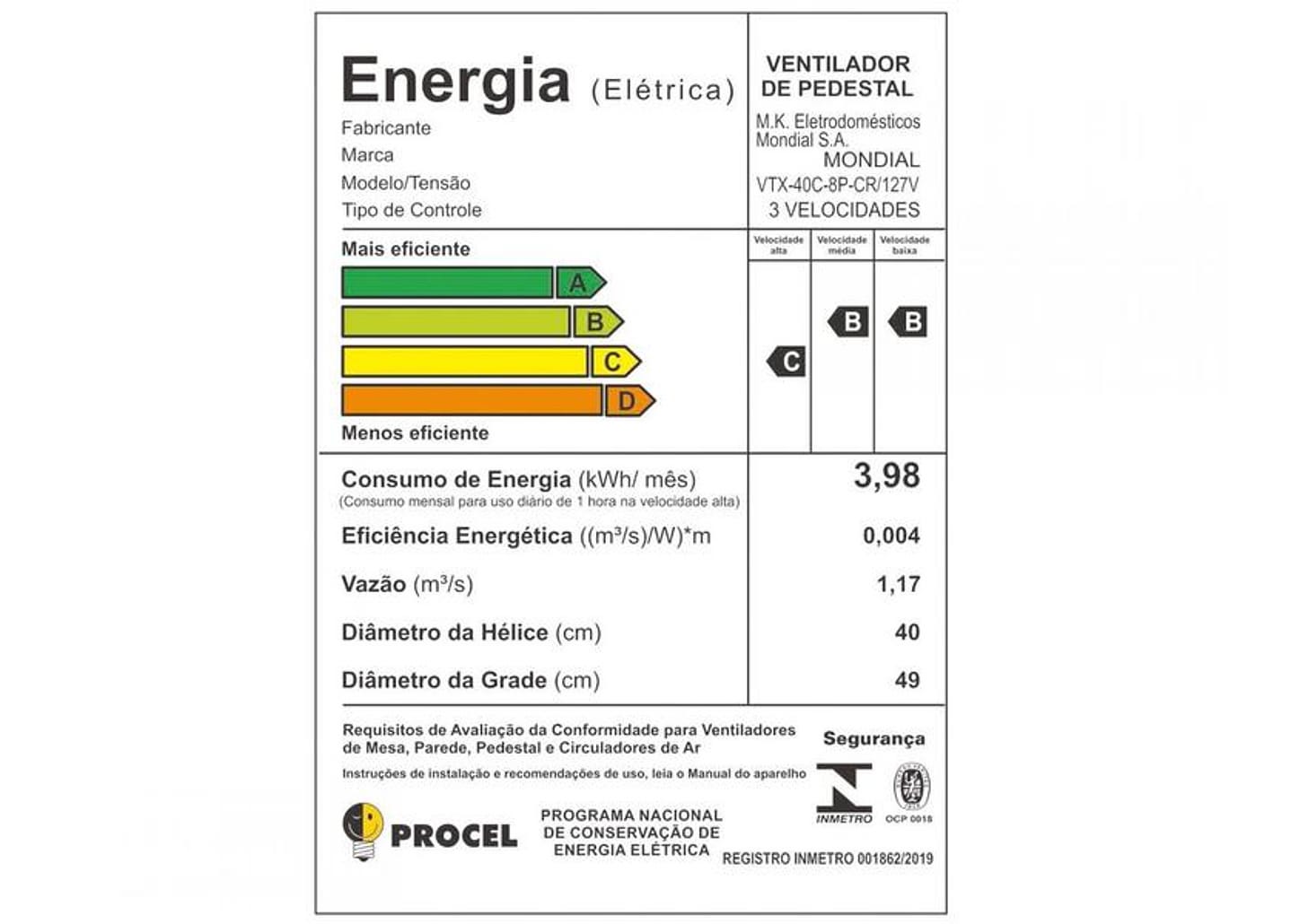 Ventilador de Coluna Mondial VTX-40C-8P-CR 40cm 3 Velocidades Controle Remoto