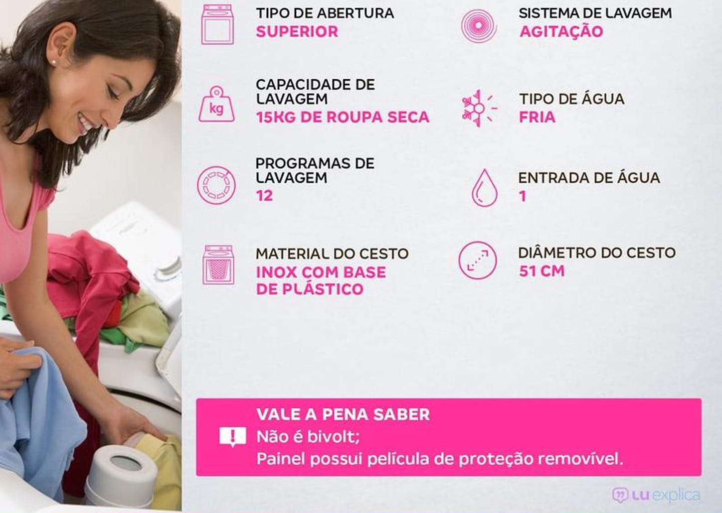 Lavadora de Roupas Brastemp 15kg Cesto Inox 12 Programas de Lavagem Branca BWF15AB