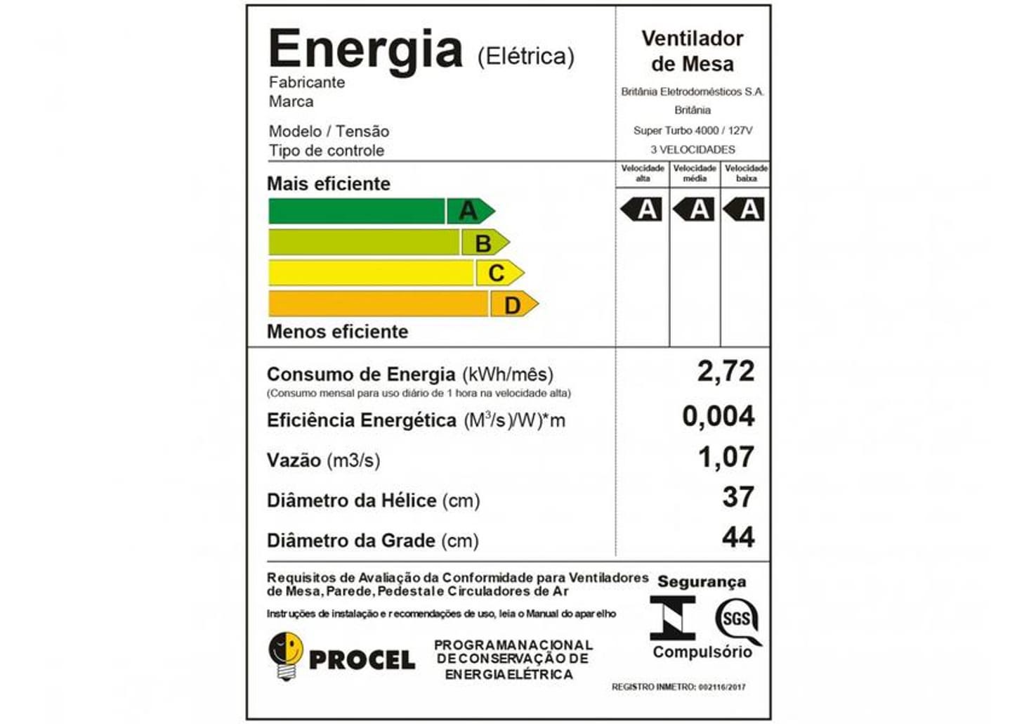 Ventilador de Mesa Britânia Turbo 4000 40cm 3 Velocidades