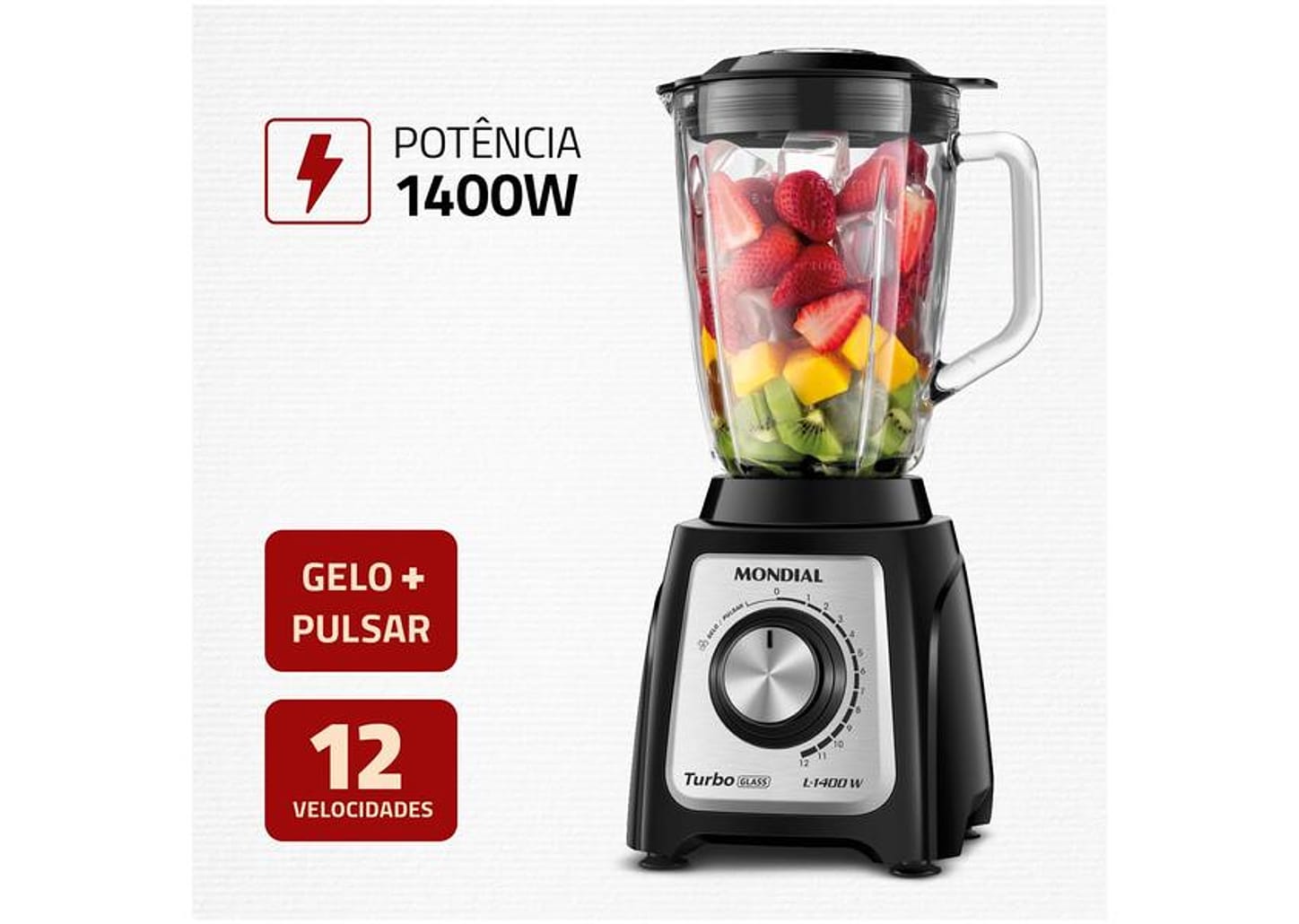Liquidificador Mondial Turbo Glass L-1400 GI - Copo de Vidro 12 Velocidades 1400W Preto