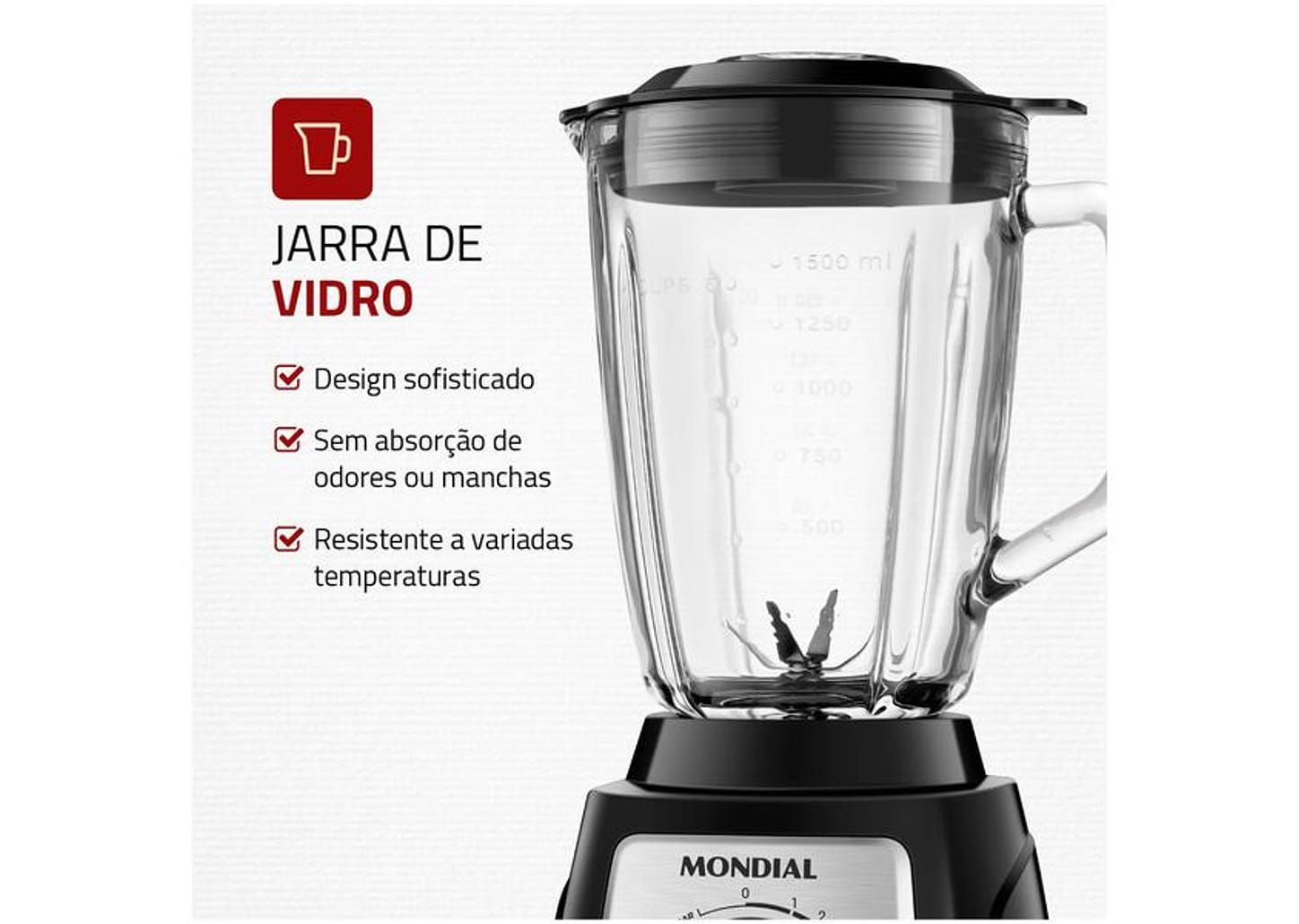 Liquidificador Mondial Turbo Glass L-1400 GI - Copo de Vidro 12 Velocidades 1400W Preto