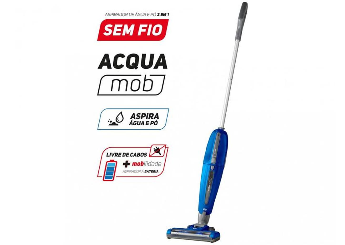 Aspirador de Pó e Água 2 em 1 Wap sem Fio a Bateria Filtro HEPA 87,5W Acqua Mob