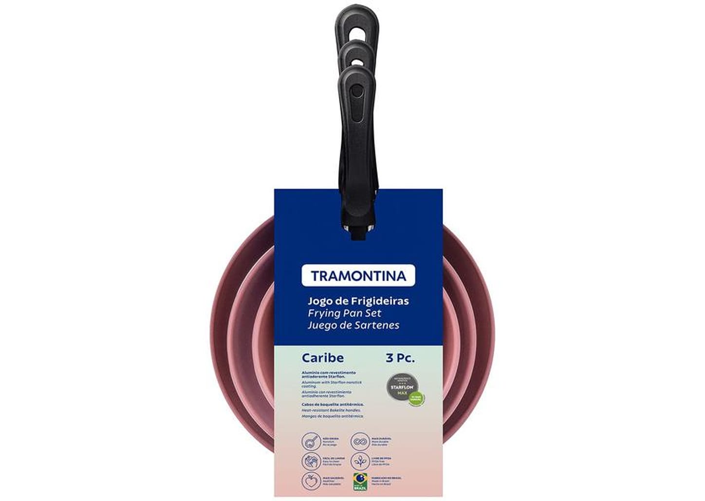 Conjunto de Frigideiras Antiaderente Tramontina de Alumínio Caribe Rosa 3 Peças