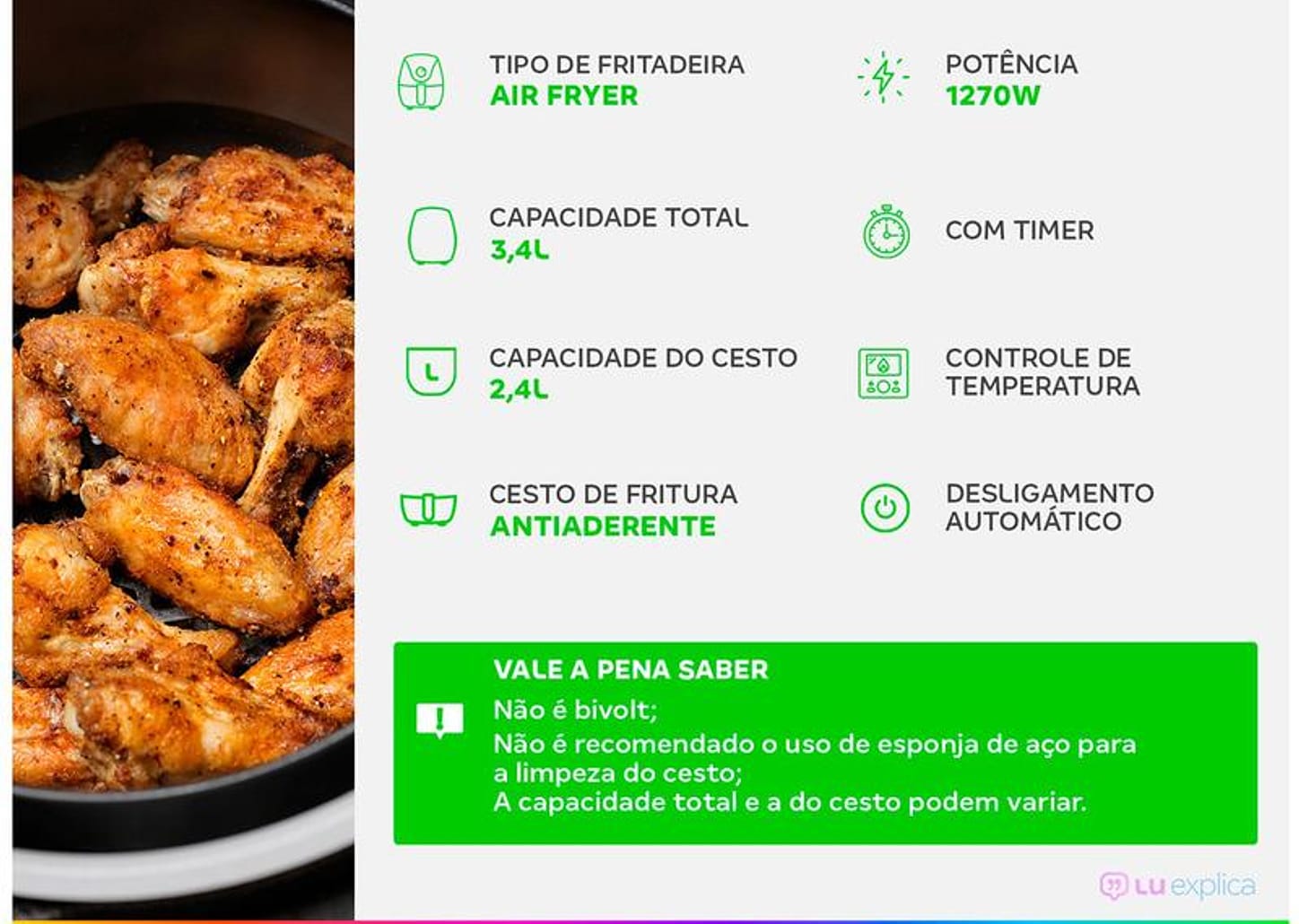 Fritadeira Elétrica sem Óleo/Air Fryer Nell Smart - Preta 2,4L com Timer