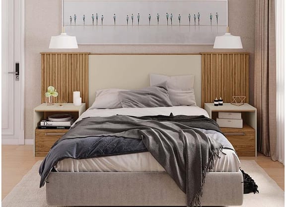 Cabeceira Solteiro/Casal/Queen com Mesinha - Caemmun Belize Buriti e Off White