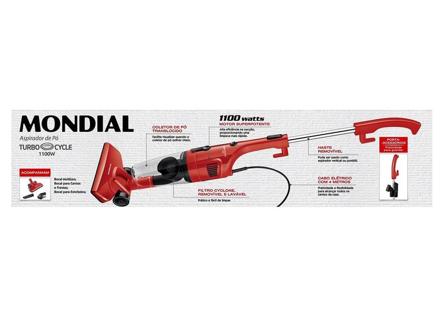 Aspirador de Pó Vertical Mondial 1100W - Turbo Cycle AP-36 Vermelho e Preto