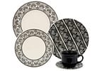 Aparelho de Jantar e Chá 20 Peças Biona de Cerâmica Bege e Preto Redondo Donna Étnico