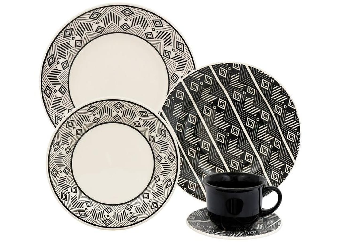 Aparelho de Jantar e Chá 20 Peças Biona de Cerâmica Bege e Preto Redondo Donna Étnico