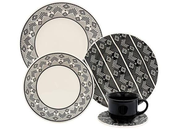 Aparelho de Jantar e Chá 20 Peças Biona de Cerâmica Bege e Preto Redondo Donna Étnico