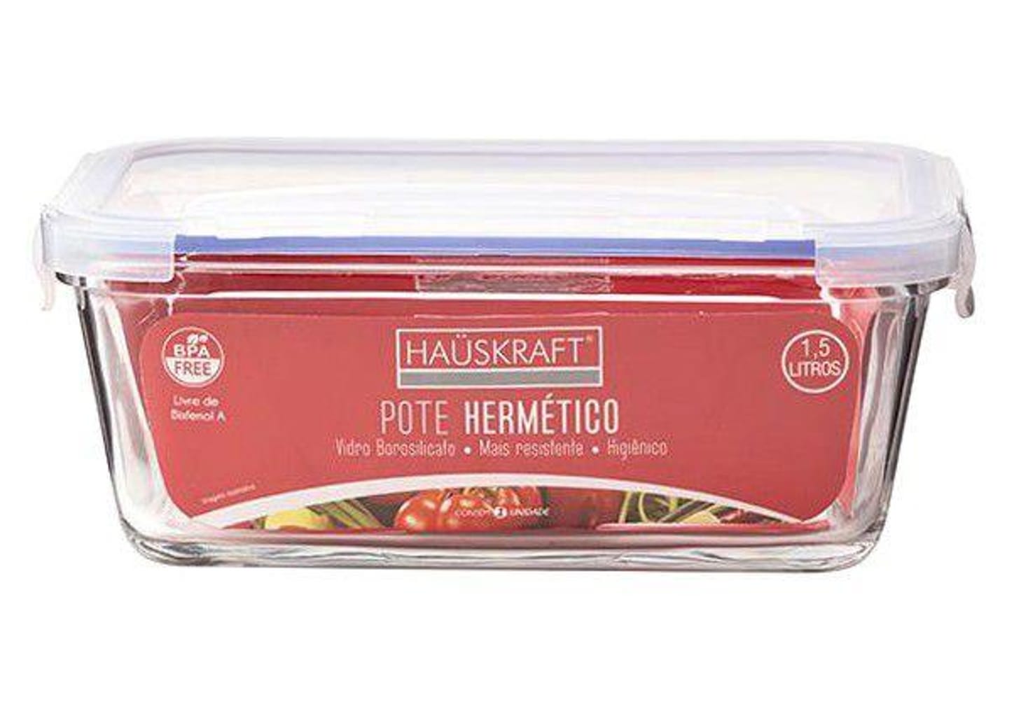 Pote de Vidro Hermético Hauskraft com Tampa - Quadrado 1,5L