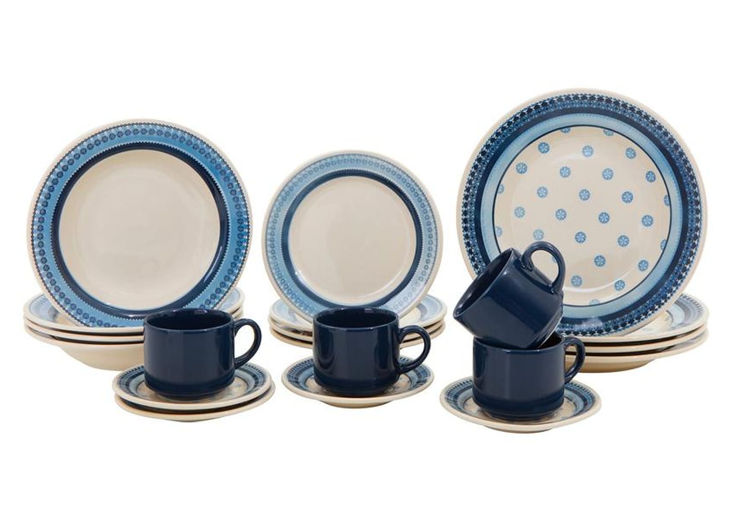 Aparelho de Jantar Chá 20 Peças Biona Cerâmica - Redondo Branco e Azul Donna
