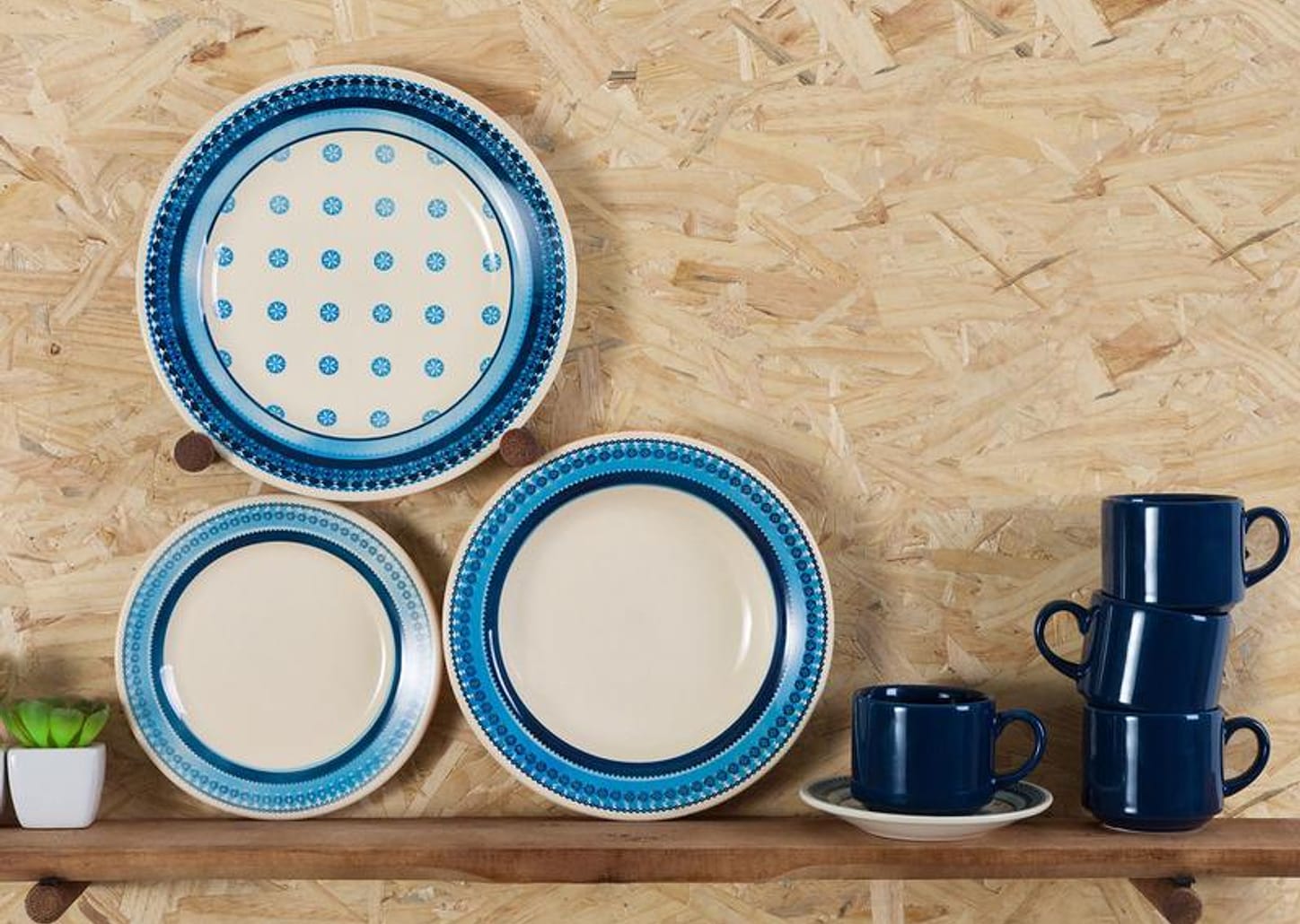 Aparelho de Jantar Chá 20 Peças Biona Cerâmica - Redondo Branco e Azul Donna