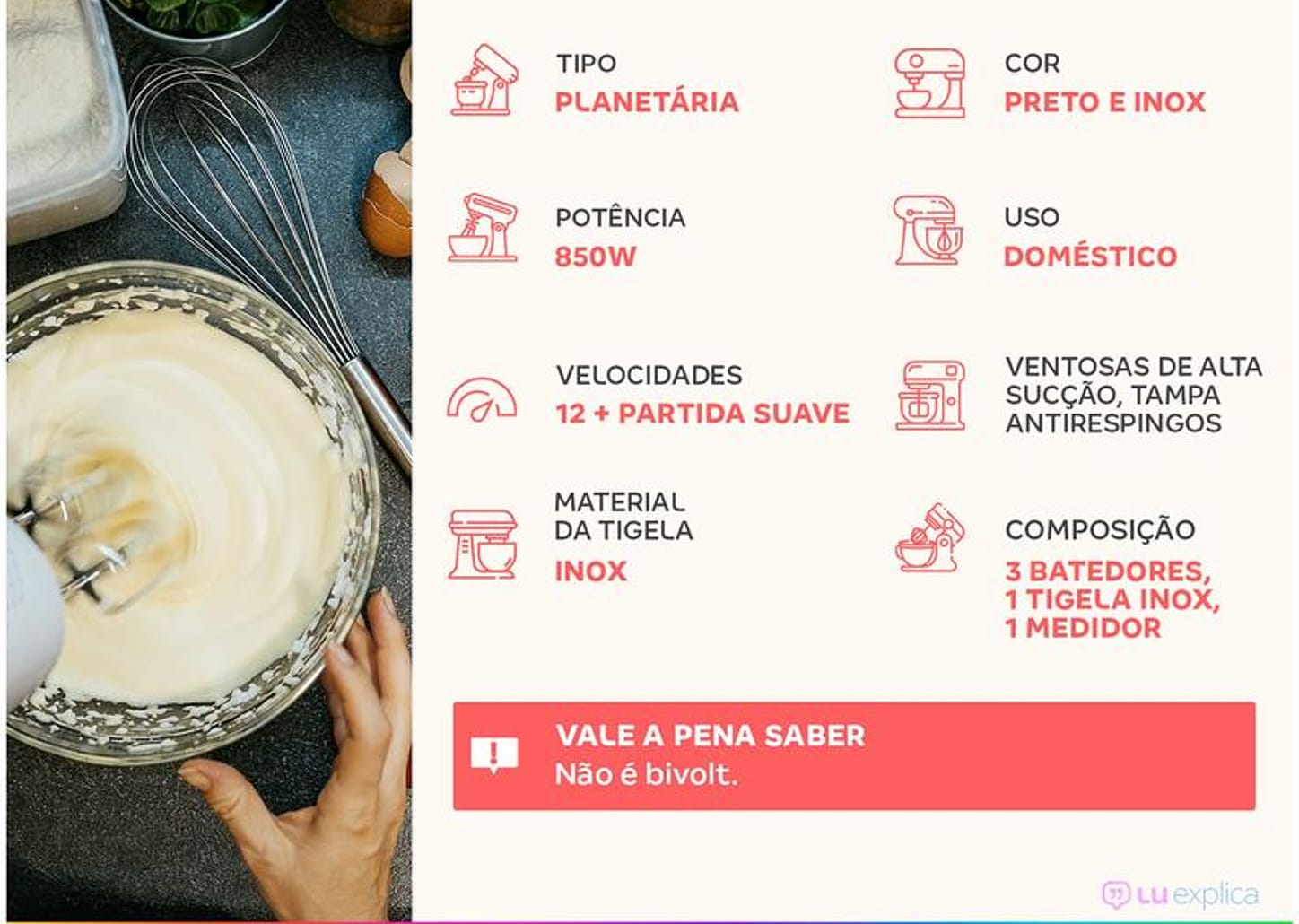 Batedeira Planetária Oster Preta 850W 12 Velocidades Tigela Inox OBAT641