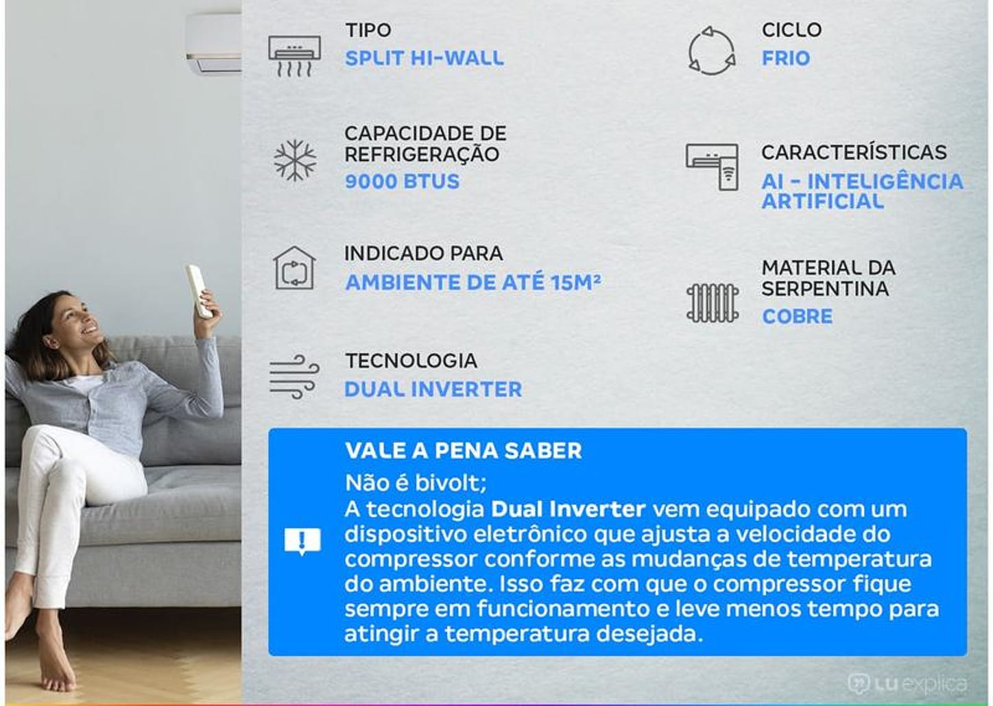 Ar-condicionado Split Hi-Wall LG Dual Inverter 9.000 BTUs Frio Compact