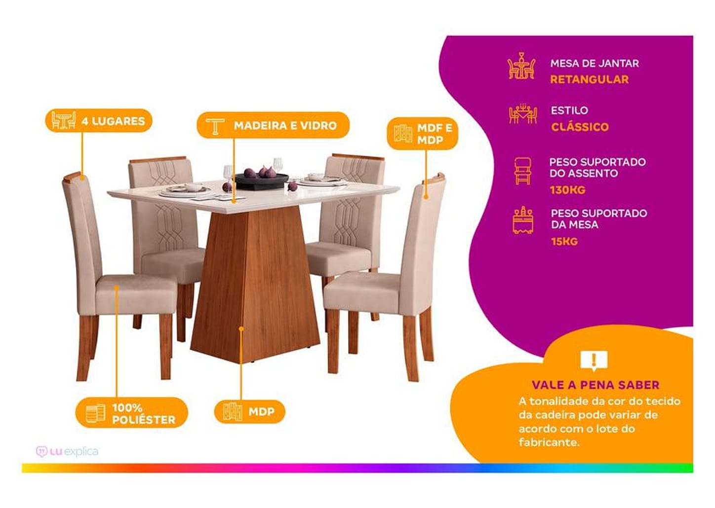 Mesa de Jantar 4 Cadeiras Retangular Freijo e Off - DJ Móveis Dulce