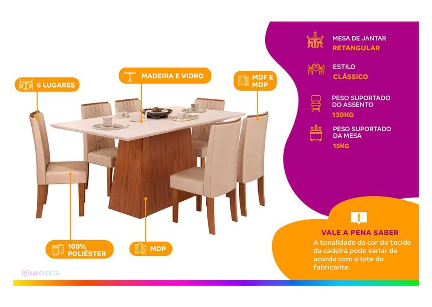Mesa de Jantar 6 Cadeiras Retangular Freijo e Off - DJ Móveis Dulce
