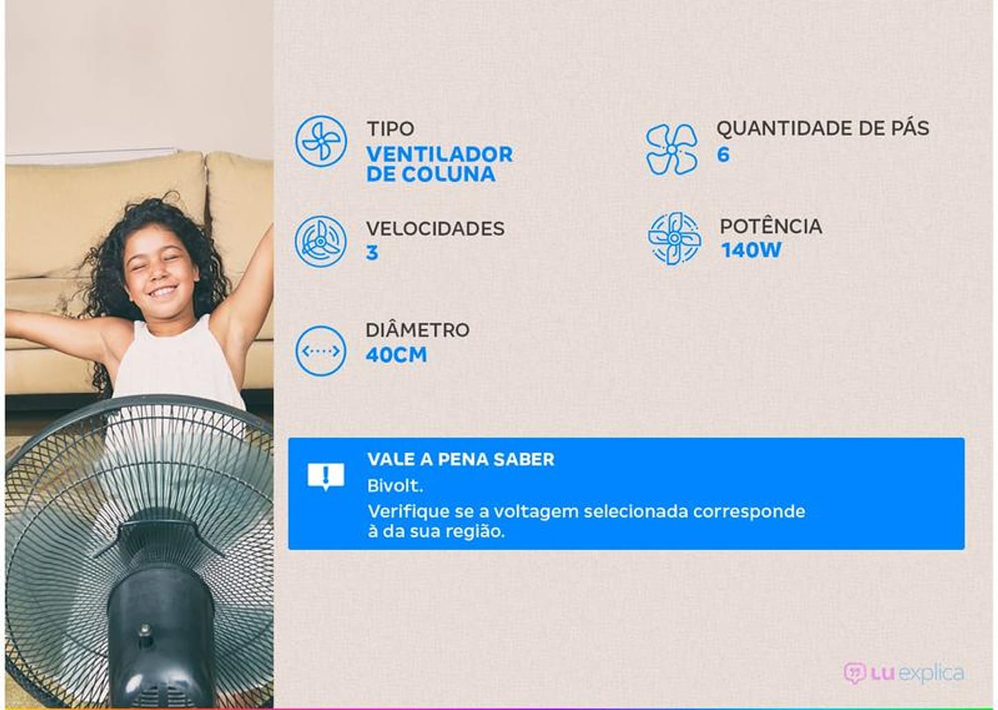 Ventilador de Coluna Mondial Super Power - VSP-40C-NB 40cm 6 Pás 3 Velocidades Preto e Prata