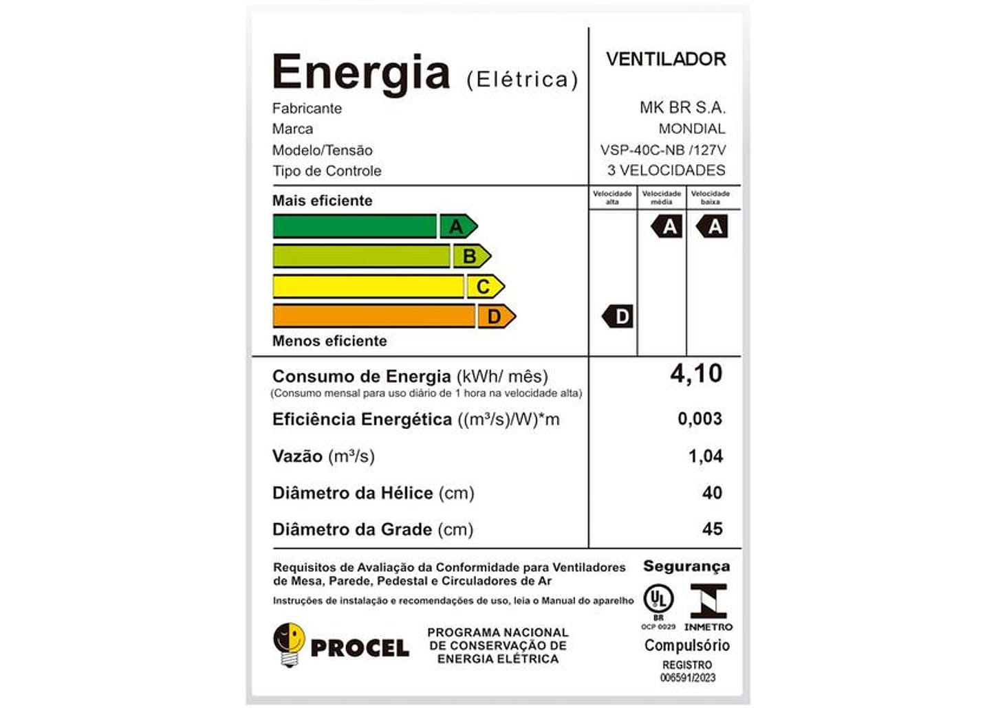 Ventilador de Coluna Mondial Super Power - VSP-40C-NB 40cm 6 Pás 3 Velocidades Preto e Prata