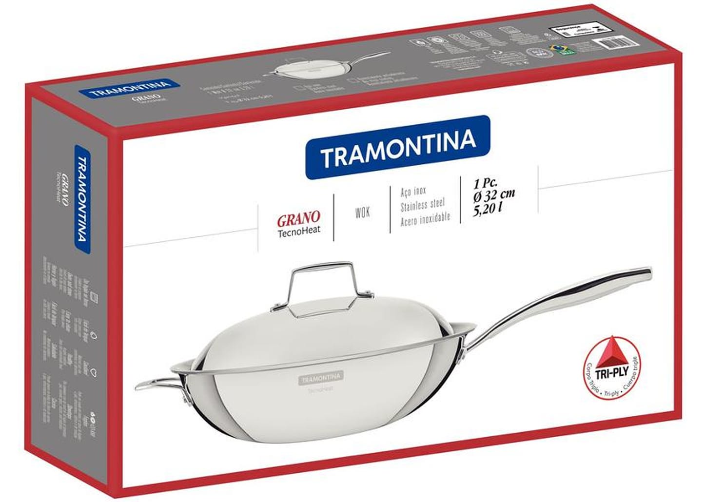 Panela Wok Antiaderente Tramontina Inox Grano 32cm