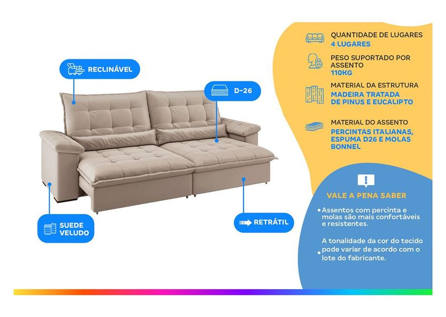 Sofá 4 Lugares Retrátil Reclinável Suede Veludo Módena Flexforma Estofados