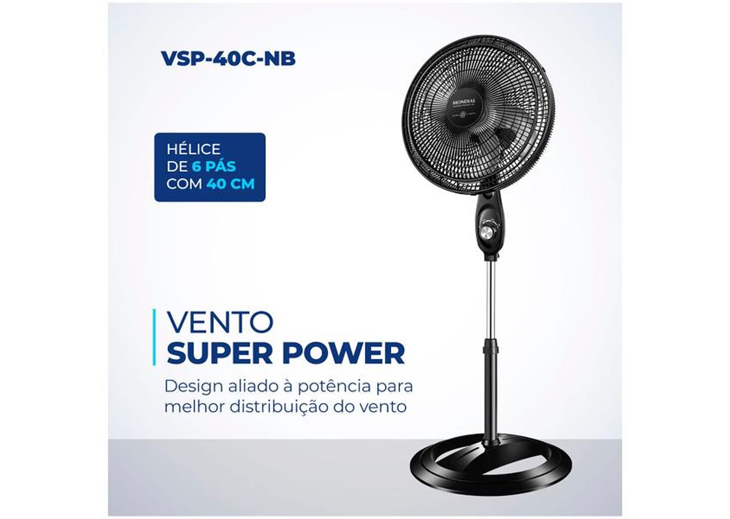 Ventilador de Coluna Mondial Super Power - VSP-40C-NB 40cm 6 Pás 3 Velocidades Preto e Prata