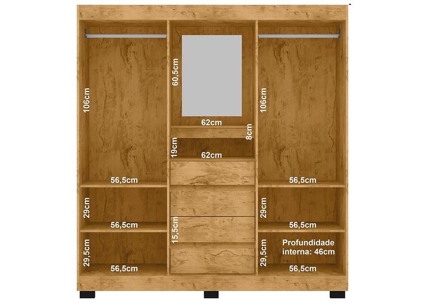 Guarda-roupa Casal com Espelho 2 Portas de Correr 4 Gavetas Araplac Sintra CAP24024
