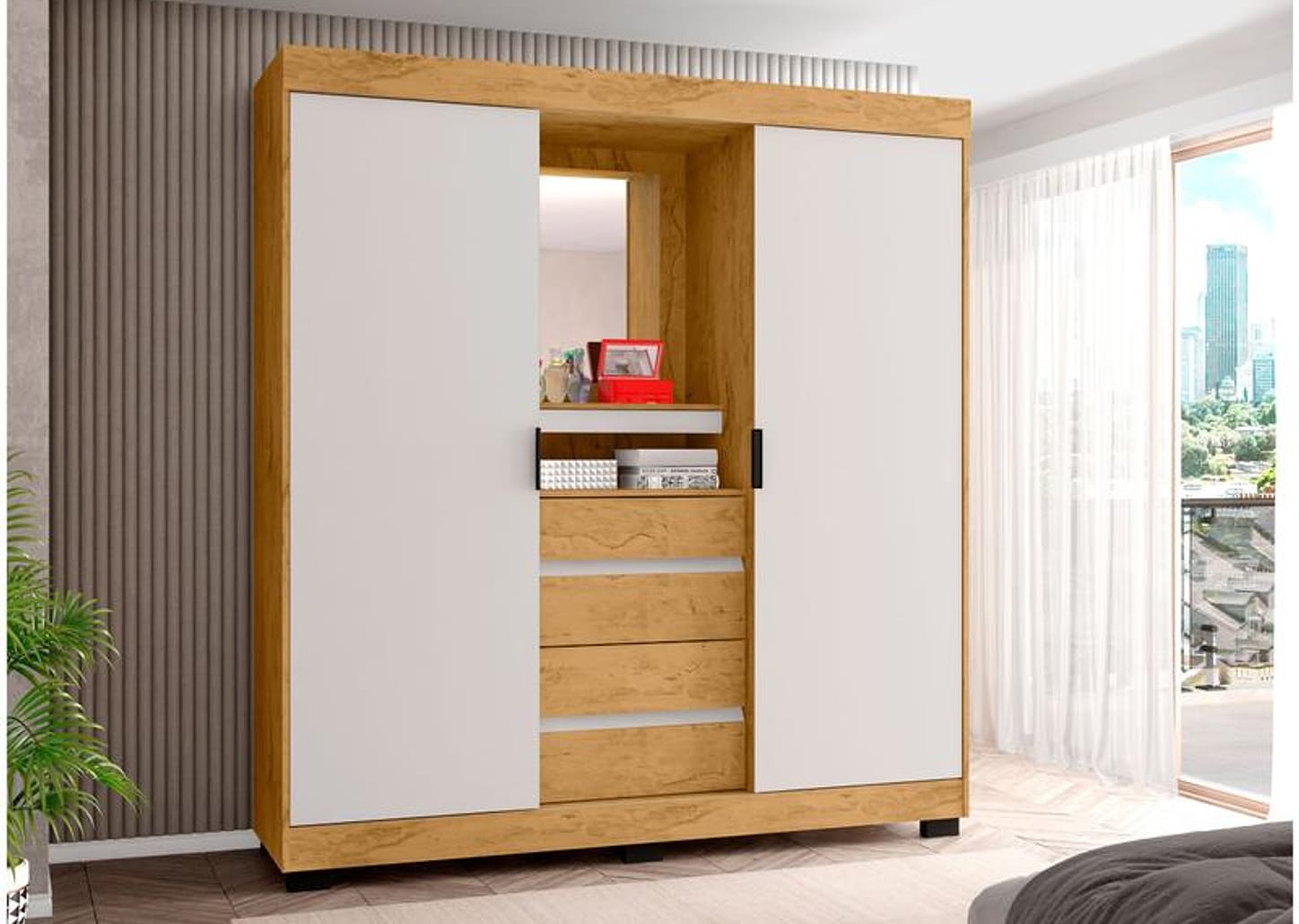 Guarda-roupa Casal com Espelho 2 Portas de Correr 4 Gavetas Araplac Sintra CAP24024