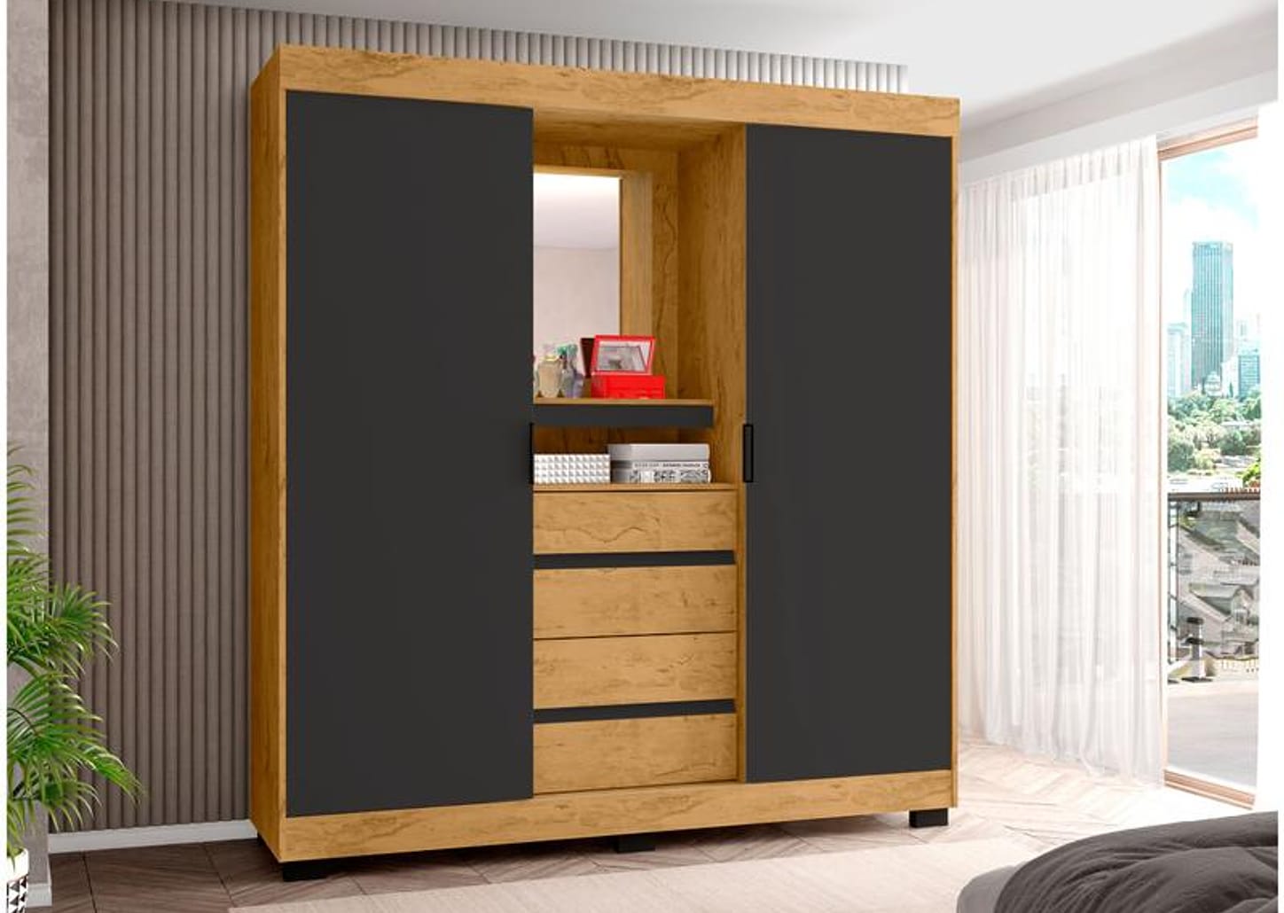 Guarda-roupa Casal com Espelho 2 Portas de Correr 4 Gavetas Araplac Sintra CAP24024