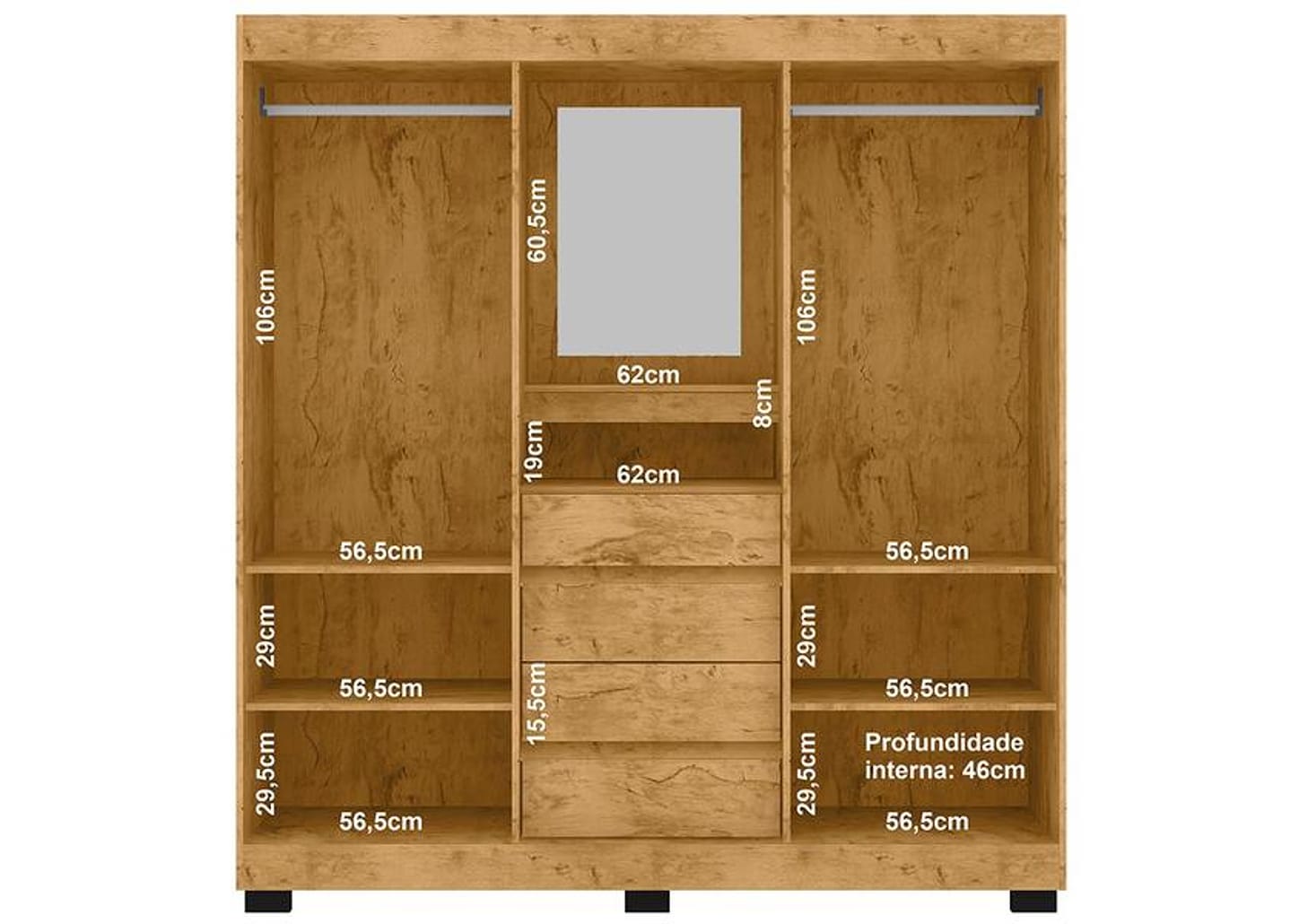 Guarda-roupa Casal com Espelho 2 Portas de Correr 4 Gavetas Araplac Sintra CAP24024