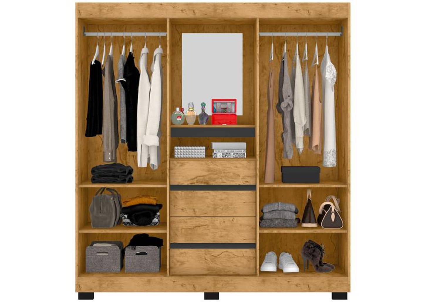 Guarda-roupa Casal com Espelho 2 Portas de Correr 4 Gavetas Araplac Sintra CAP24024