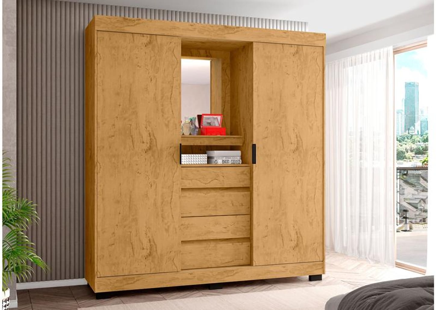 Guarda-roupa Casal com Espelho 2 Portas de Correr 4 Gavetas Araplac Sintra CAP24024